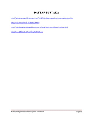 DAFTAR PUSTAKA
http://rahmanarruworlds.blogspot.com/2012/03/tulisan-tugas-teori-organisasi-umum.html

http://artikata.com/arti-351958-staf.html

http://anandautama04.blogspot.com/2012/03/peranan-staf-dalam-organisasi.html

http://sman28jkt.sch.id/userfiles/file/STAF.doc




Makalah Organisasi dan Manajemen Kesehatan                                              Page 15
 
