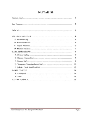 DAFTAR ISI
 Halaman Judul……………………………………………………………………......                                                                   1


 Kata Pengantar………………………………………..................................................                                 2


 Daftar isi………………………………………………………………………………                                                                        3


 BAB I. PENDAHULUAN……………………………………………………………                                                                       4
    A. Latar Belakang………………………………………………………………..                                                                  5
    B. Rumusan Masalah…………………………………………………………….                                                                   5
    C. Tujuan Penulisan……………………………………………………………...                                                                6
    D. Manfaat Penulisan…………………………………………………………….                                                                 6
 BAB II. PEMBAHASAN……………………………………………………………                                                                       7
     A. Definisi Staffing ………………………………………………………..........                                                        7
     B. Macam – Macam Staf………………………………………….......................                                                7
     C. Peranan Staf………………………………………………………..................                                                      9
     D. Wewenang, Tugas dan Fungsi Staf…………………………………………..                                                        10
     E. Pokok – Pokok Kualifikasi Staf .......................................................................   12
 BAB III. PENUTUP………………………………………………………………..                                                                      14
     A. Kesimpulan………………………………………………………………….                                                                     14
     B. Saran…………………………………………………………………………                                                                        14
 DAFTAR PUSTAKA ……………………………………………………………….                                                                        15




Makalah Organisasi dan Manajemen Kesehatan                                                                        Page 3
 