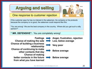 20
One response to customer rejection
“ MR. DEFENSIVE”: You are completely wrong!
If the customer says he has no interest in the salesman, his company or his products
because the company is no good, the salesman could respond like this:
"You are wrong! We are the best company in the country. Where did you get such a silly
opinion?"
Feelings
Chance of making the sale
Chance of building a business
relationship
Chance of continuing to make
other contacts that day
Chance of making
better contacts in the future
from what you have learned
Ron McFarland, ronmcfarl@gmail.com
Anger, frustration, rejection
Low, below average
Very poor
Below average
Below average
 