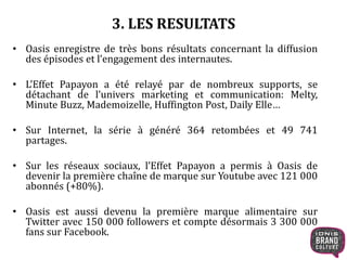 3. LES RESULTATS 
• Oasis enregistre de très bons résultats concernant la diffusion 
des épisodes et l’engagement des internautes. 
• L’Effet Papayon a été relayé par de nombreux supports, se 
détachant de l’univers marketing et communication: Melty, 
Minute Buzz, Mademoizelle, Huffington Post, Daily Elle… 
• Sur Internet, la série à généré 364 retombées et 49 741 
partages. 
• Sur les réseaux sociaux, l’Effet Papayon a permis à Oasis de 
devenir la première chaîne de marque sur Youtube avec 121 000 
abonnés (+80%). 
• Oasis est aussi devenu la première marque alimentaire sur 
Twitter avec 150 000 followers et compte désormais 3 300 000 
fans sur Facebook. 
 
