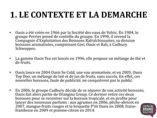 1. LE CONTEXTE ET LA DEMARCHE 
• Oasis a été créée en 1966 par la Société des eaux de Volvic. En 1984, le 
groupe Perrier prend de contrôle du groupe. En 1990, il revend la 
Compagnie d'Exploitation des Boissons Rafraîchissantes, sa division 
boissons aromatisées, comprenant Gini, Oasis et Bali, à Cadbury 
Schweppes. 
• La gamme Oasis Tea est lancée en 1996, elle propose un mélange de thé et 
de fruits. 
• Oasis lance en 2004 Oasis So Cold, une eau aromatisée, et en 2005, Oasis 
Top Doo, un mélange de lait et de jus de fruits, sans succès. En effet, ces 
nouvelles boissons, faute de publicité, ne conquièrent pas le public. 
• En 2006, le groupe Cadbury décide de se séparer de son activité boissons. 
Oasis fait alors partie de Orangina Group. Ce dernier retire ces deux 
boissons pour se recentrer sur la boisson tropicale, et en profite pour 
lancer des nouveaux parfums : aux agrumes en 2006, pêche-abricot en 
2007, mangue-fruits rouges et la briquette P'tit Oasis en 2008, fraise-framboise 
en 2009 et pomme-citron en 2014. 
 