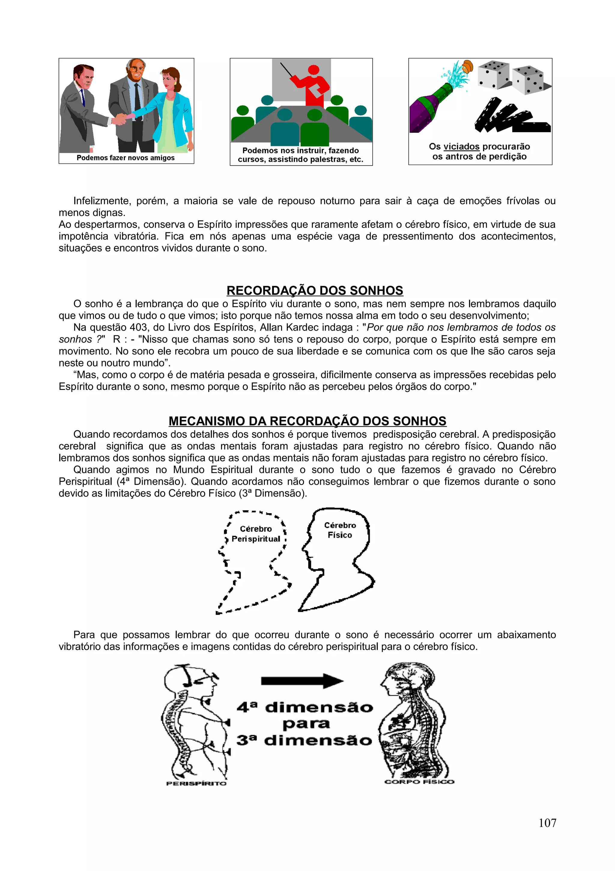 Infelizmente, porém, a maioria se vale de repouso noturno para sair à caça de emoções frívolas ou
menos dignas.
Ao despertarmos, conserva o Espírito impressões que raramente afetam o cérebro físico, em virtude de sua
impotência vibratória. Fica em nós apenas uma espécie vaga de pressentimento dos acontecimentos,
situações e encontros vividos durante o sono.



                                   RECORDAÇÃO DOS SONHOS
   O sonho é a lembrança do que o Espírito viu durante o sono, mas nem sempre nos lembramos daquilo
que vimos ou de tudo o que vimos; isto porque não temos nossa alma em todo o seu desenvolvimento;
   Na questão 403, do Livro dos Espíritos, Allan Kardec indaga : "Por que não nos lembramos de todos os
sonhos ?" R : - "Nisso que chamas sono só tens o repouso do corpo, porque o Espírito está sempre em
movimento. No sono ele recobra um pouco de sua liberdade e se comunica com os que lhe são caros seja
neste ou noutro mundo”.
   “Mas, como o corpo é de matéria pesada e grosseira, dificilmente conserva as impressões recebidas pelo
Espírito durante o sono, mesmo porque o Espírito não as percebeu pelos órgãos do corpo."


                       MECANISMO DA RECORDAÇÃO DOS SONHOS
   Quando recordamos dos detalhes dos sonhos é porque tivemos predisposição cerebral. A predisposição
cerebral significa que as ondas mentais foram ajustadas para registro no cérebro físico. Quando não
lembramos dos sonhos significa que as ondas mentais não foram ajustadas para registro no cérebro físico.
   Quando agimos no Mundo Espiritual durante o sono tudo o que fazemos é gravado no Cérebro
Perispiritual (4ª Dimensão). Quando acordamos não conseguimos lembrar o que fizemos durante o sono
devido as limitações do Cérebro Físico (3ª Dimensão).




   Para que possamos lembrar do que ocorreu durante o sono é necessário ocorrer um abaixamento
vibratório das informações e imagens contidas do cérebro perispiritual para o cérebro físico.




                                                                                                     107
 