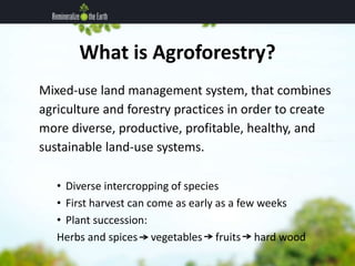 What is Agroforestry? 
Mixed-use land management system, that combines 
agriculture and forestry practices in order to cre...