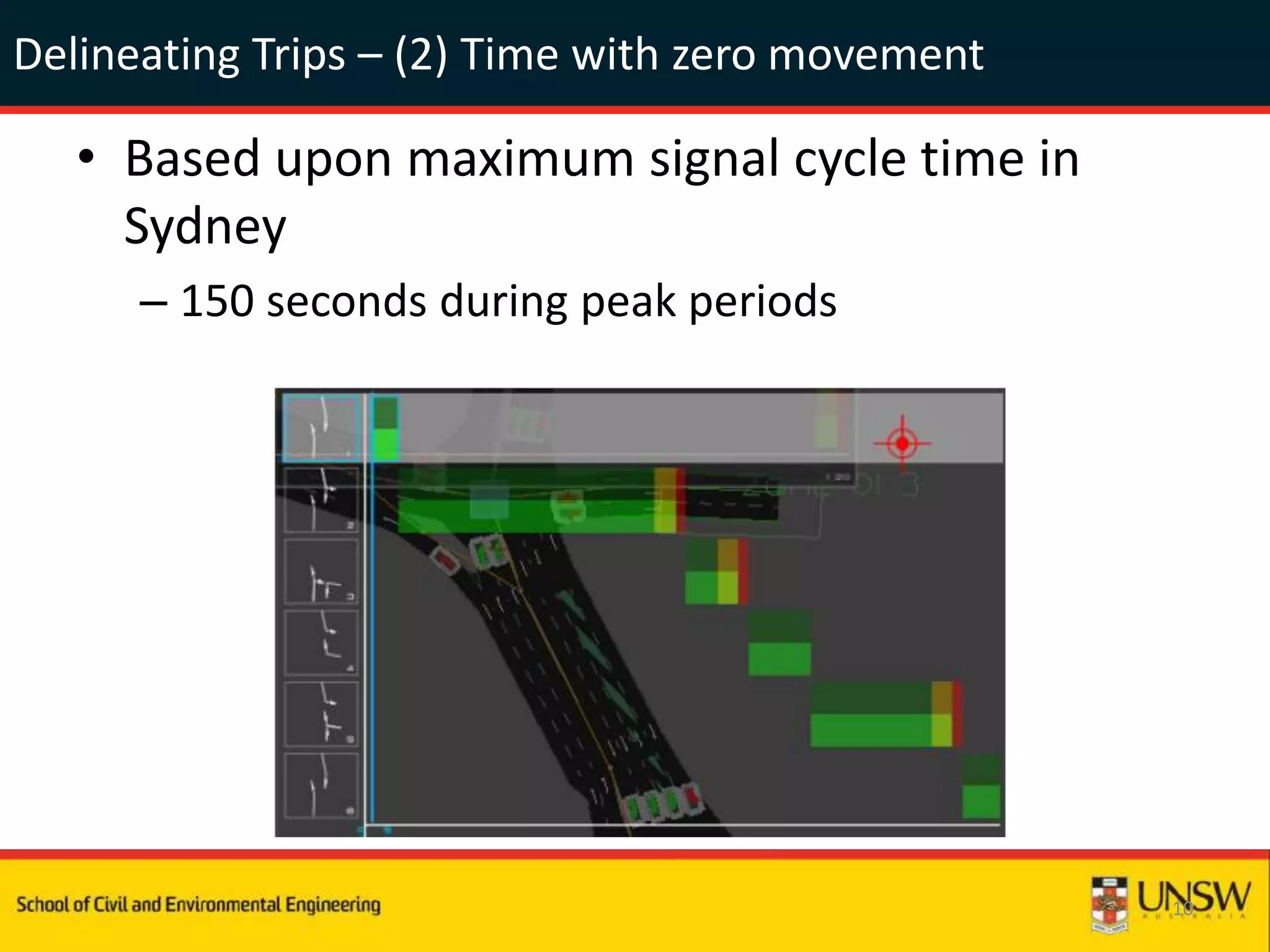 Delineating Trips – (2) Time with zero movement
• Based upon maximum signal cycle time in
Sydney
– 150 seconds during peak periods
10
 