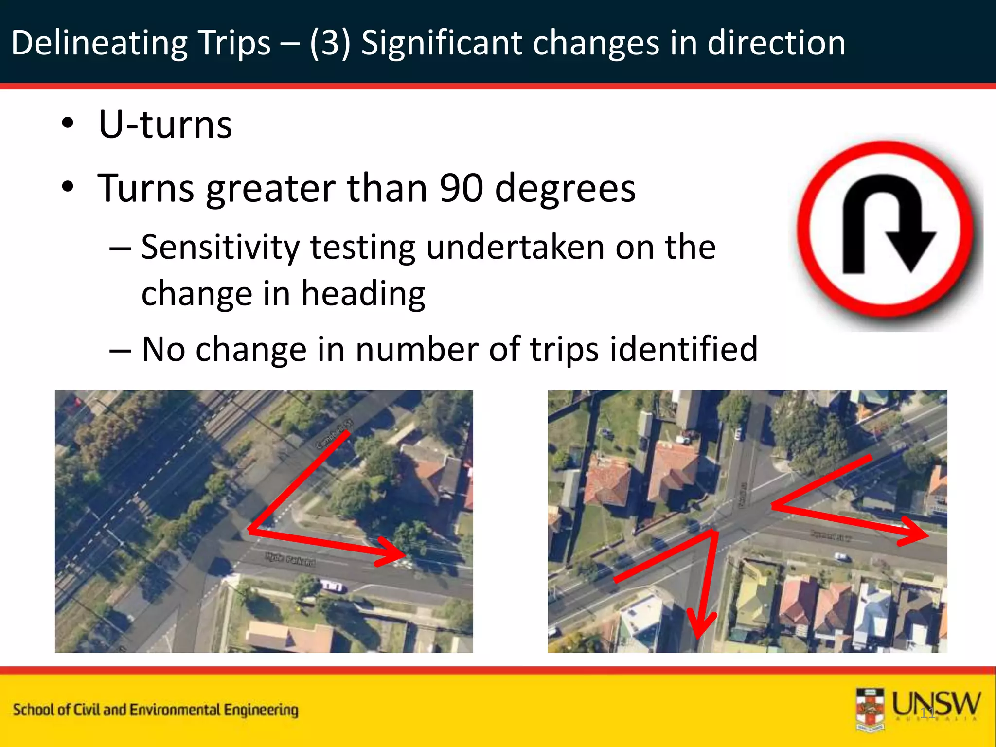Delineating Trips – (3) Significant changes in direction
• U-turns
• Turns greater than 90 degrees
– Sensitivity testing undertaken on the
change in heading
– No change in number of trips identified
11
 