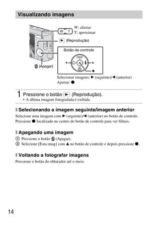 D:SONY-201105-DSC-W530-
                                              LUIZA03BRPT030BRPT1E33.fm
                                                                  master:Left




      Visualizando imagens

                                        W: afastar
                                        T: aproximar
                                   (Reprodução)

                                  Botão de controle



                   (Apagar)

                              Selecionar imagens: B (seguinte)/b (anterior)
                              Ajustar: z


     1 Pressione o botão (Reprodução).
       • A última imagem fotografada é exibida.

     x Selecionando a imagem seguinte/imagem anterior
     Selecione uma imagem com B (seguinte)/b (anterior) no botão de controle.
     Pressione z localizado no centro do botão de controle para ver filmes.

     x Apagando uma imagem
     1 Pressione o botão (Apagar).
     2 Selecione [Esta imag] com v no botão de controle e depois pressione z.

     x Voltando a fotografar imagens
     Pressione o botão do obturador até o meio.




14



                                                                DSC-W530/W550
                                                                 4-264-972-71(1)
 