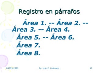 Registro en párrafos Área 1. -- Área 2. -- Área 3. -- Área 4. Área 5. -- Área 6. Área 7. Área 8. 