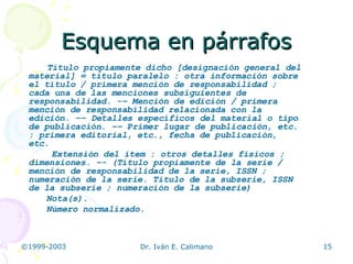 Esquema en párrafos Título propiamente dicho [designación general del material] = título paralelo : otra información sobre el título / primera mención de responsabilidad ; cada una de las menciones subsiguientes de responsabilidad. -– Mención de edición / primera mención de responsabilidad relacionada con la edición. –– Detalles específicos del material o tipo de publicación. –– Primer lugar de publicación, etc. : primera editorial, etc., fecha de publicación, etc.  Extensión del ítem : otros detalles físicos ; dimensiones. –- (Título propiamente de la serie / mención de responsabilidad de la serie, ISSN ; numeración de la serie. Título de la subserie, ISSN de la subserie ; numeración de la subserie) Nota(s). Número normalizado. 