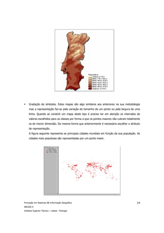 Gradação de símbolos. Estes mapas são algo similares aos anteriores na sua metodologia
     mas a representação faz-se pela variação do tamanho de um ponto ou pela largura de uma
     linha. Quando se constrói um mapa deste tipo é preciso ter em atenção os intervalos de
     valores escolhidos para as classes por forma a que os pontos maiores não cubram totalmente
     os de menor dimensão. Da mesma forma que anteriormente é necessário escolher o atributo
     de representação.
     A figura seguinte representa as principais cidades mundiais em função da sua população. As
     cidades mais populosas são representadas por um ponto maior.




Formação em Sistemas de Informação Geográfica                                               14
ARCGIS 9
Instituto Superior Técnico – Lisboa - Portugal
 
