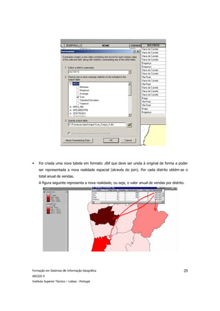 Foi criada uma nova tabela em formato .dbf que deve ser unida à original de forma a poder
     ser representada a nova realidade espacial (através do join). Por cada distrito obtém-se o
     total anual de vendas.
     A figura seguinte representa a nova realidade, ou seja, o valor anual de vendas por distrito.




Formação em Sistemas de Informação Geográfica                                                    29
ARCGIS 9
Instituto Superior Técnico – Lisboa - Portugal
 