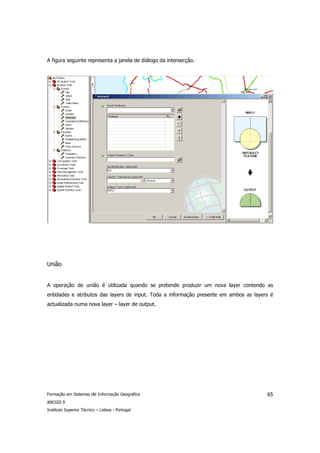 A figura seguinte representa a janela de diálogo da intersecção.




União


A operação de união é utilizada quando se pretende produzir um nova layer contendo as
entidades e atributos das layers de input. Toda a informação presente em ambos as layers é
actualizada numa nova layer – layer de output.




Formação em Sistemas de Informação Geográfica                                          65
ARCGIS 9
Instituto Superior Técnico – Lisboa - Portugal
 