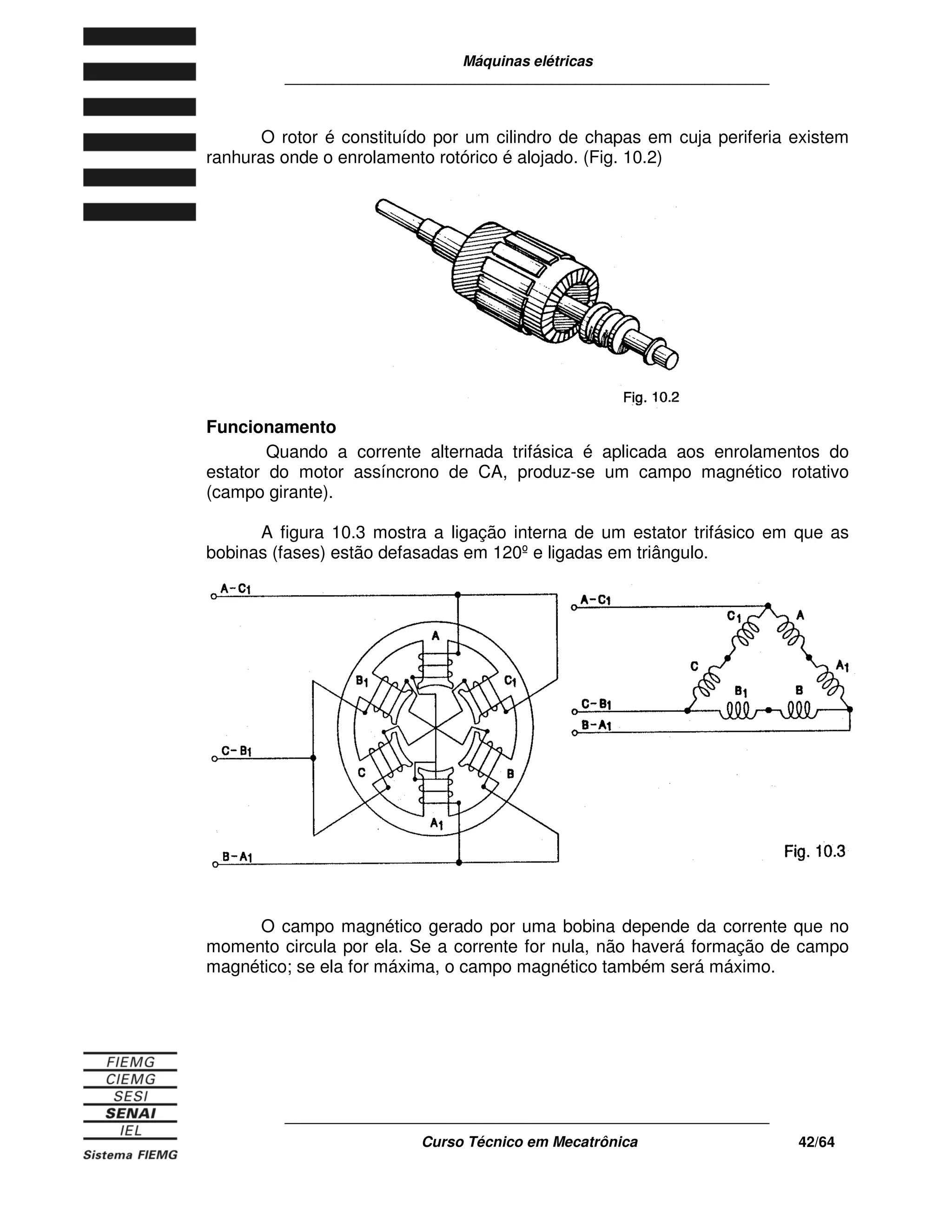 Máquinas elétricas
____________________________________________________________
____________________________________________________________
Curso Técnico em Mecatrônica 42/64
O rotor é constituído por um cilindro de chapas em cuja periferia existem
ranhuras onde o enrolamento rotórico é alojado. (Fig. 10.2)
Funcionamento
Quando a corrente alternada trifásica é aplicada aos enrolamentos do
estator do motor assíncrono de CA, produz-se um campo magnético rotativo
(campo girante).
A figura 10.3 mostra a ligação interna de um estator trifásico em que as
bobinas (fases) estão defasadas em 120ºe ligadas em triângulo.
O campo magnético gerado por uma bobina depende da corrente que no
momento circula por ela. Se a corrente for nula, não haverá formação de campo
magnético; se ela for máxima, o campo magnético também será máximo.
 