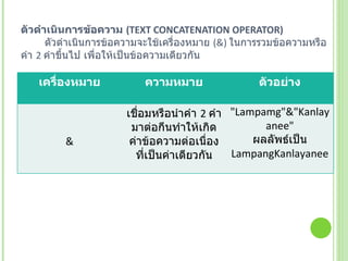 ตัวดำเนินการข้อความ  ( TEXT CONCATENATION OPERATOR)            ตัวดำเนินการข้อความจะใช้เครื่องหมาย  (&)  ในการรวมข้อความหรือคำ  2  คำขึ้นไป เพื่อให้เป็นข้อความเดียวกัน  เครื่องหมาย ความหมาย ตัวอย่าง & เชื่อมหรือนำคำ  2  คำมาต่อกีนทำให้เกิดค่าข้อความต่อเนื่องที่เป็นค่าเดียวกัน "Lampamg"&"Kanlayanee" ผลลัพธ์เป็น LampangKanlayanee 