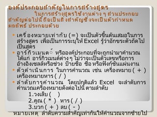 องค์ประกอบสำคัญในการสร้างสูตร           ในการสร้างสูตรใช้งานต่าง ๆ ส่วนประกอบสำคัญต่อไปนี้ถือเป็นสิ่งสำคัญซึ่งจะเป็นตัวกำหนดผลลัพธ์ ประกอบด้วย  เครื่องหมายเท่ากับ   (=)  จะเป็นตัวขึ้นต้นเสมอในการสร้างสูตร  เพื่อเป็นการระบุให้  Excel  รู้ว่าอักขระตัวถัดไปเป็นสูตร  อาร์กิวเมนต ์  หรือองค์ประกอบที่จะถูกนำมาคำนวณได้แก่  อาร์กิวเมนต์ต่าง ๆ ไม่ว่าจะเป็นตัวเลขหรือการอ้างอิงเซลล์หรือช่วง  ป้ายชื่อ  ชื่อ หรือฟังก์ชันแผ่นงาน  ตัวดำเนินการ   ในการคำนวณ  เช่น  เครื่องหมาย  ( + )  เครื่องหมายหาร  ( / )  ลำดับการคำนวณ   โดยปกติแล้ว   Excel   จะลำดับการคำนวณเครื่องหมายดังต่อไปนี้ ตามลำดับ   1. วงเล็บ  (   )     2. คูณ  ( * )   หาร  ( / )    3. บวก  ( + )  ลบ  ( - )   หมายเหตุ   ลำดับความสำคัญเท่ากันให้คำนวณจากซ้ายไปขวา  