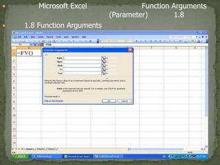 โปรแกรม Microsoft Excel จะขึ้นกล่องแสดง Function Arguments ขึ้มาเพื่อให้ทำการใส่ค่าพารามิเตอร์ (Parameter) ดังภาพ 1.8 ภาพ 1.8 Function Arguments