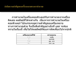 การคำนวณในเครื่องคอมพิวเตอร์กับการคำนวณจากเครื่องคิดเลข ผลลัพธ์ที่ได้จะต่างกัน  เนื่องจากการคำนวณในเครื่องคอมพิวเตอร์ โปรแกรมจะดูความสำคัญของเครื่องหมายทางการคำนวณด้วย จึงเป็นสิ่งสำคัญอย่างยิ่งที่  user  จะต้องทราบในเรื่องนี้ เพื่อไม่ให้ผลลัพธ์ที่ต้องการผิดเพี้ยนไปจากปกติ  ความสำคัญของเครื่องหมายทางการคำนวณ จะไล่จากบนลงล่าง บนสุดจะสำคัญสูงสุด และล่างสุดจะสำคัญต่ำสุด ในสูตรคำนวณสูตรหนึ่ง ถ้าเครื่องหมายใดสำคัญกว่าก็จะทำการคำนวณเครื่องหมายนั้นก่อนแล้วไล่ตามลำดับไปเรื่อยๆ  ความสำคัญของเครื่องหมายทางการคำนวณ จะไล่จากบนลงล่าง บนสุดจะสำคัญสูงสุด และล่างสุดจะสำคัญต่ำสุด ในสูตรคำนวณสูตรหนึ่ง ถ้าเครื่องหมายใดสำคัญกว่าก็จะทำการคำนวณเครื่องหมายนั้นก่อนแล้วไล่ตามลำดับไปเรื่อยๆ  ความสำคัญของเครื่องหมายทางการคำนวณ จะไล่จากบนลงล่าง บนสุดจะสำคัญสูงสุด และล่างสุดจะสำคัญต่ำสุด ในสูตรคำนวณสูตรหนึ่ง ถ้าเครื่องหมายใดสำคัญกว่าก็จะทำการคำนวณเครื่องหมายนั้นก่อนแล้วไล่ตามลำดับไปเรื่อยๆ  เครื่องหมายที่ใช้ ความหมาย (  ) วงเล็บ ^ ยกกำลัง * ,  / คูณ  ,   หาร +  , - บวก  ,   ลบ 