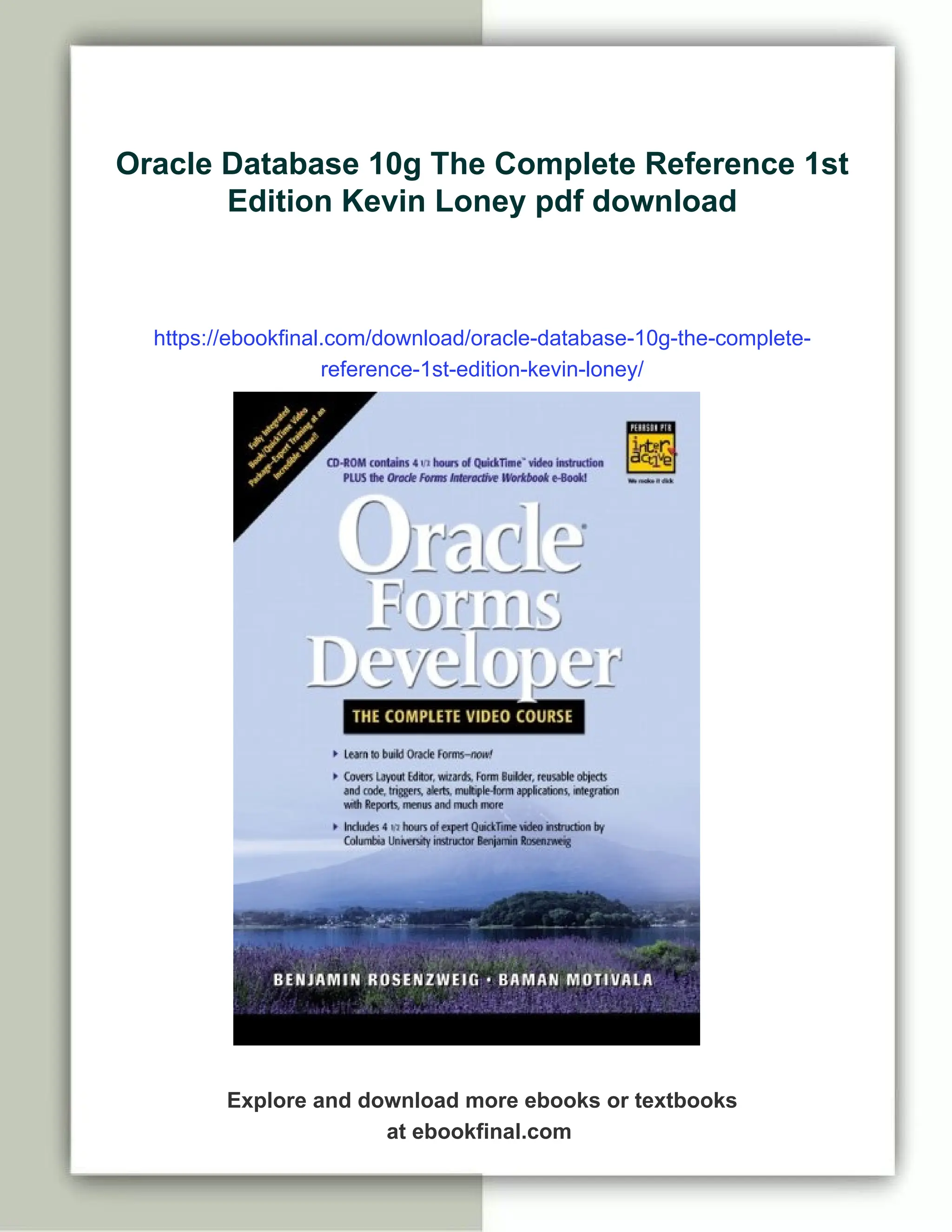 Oracle Database 10g The Complete Reference 1st
Edition Kevin Loney pdf download
https://ebookfinal.com/download/oracle-database-10g-the-complete-
reference-1st-edition-kevin-loney/
Explore and download more ebooks or textbooks
at ebookfinal.com
 