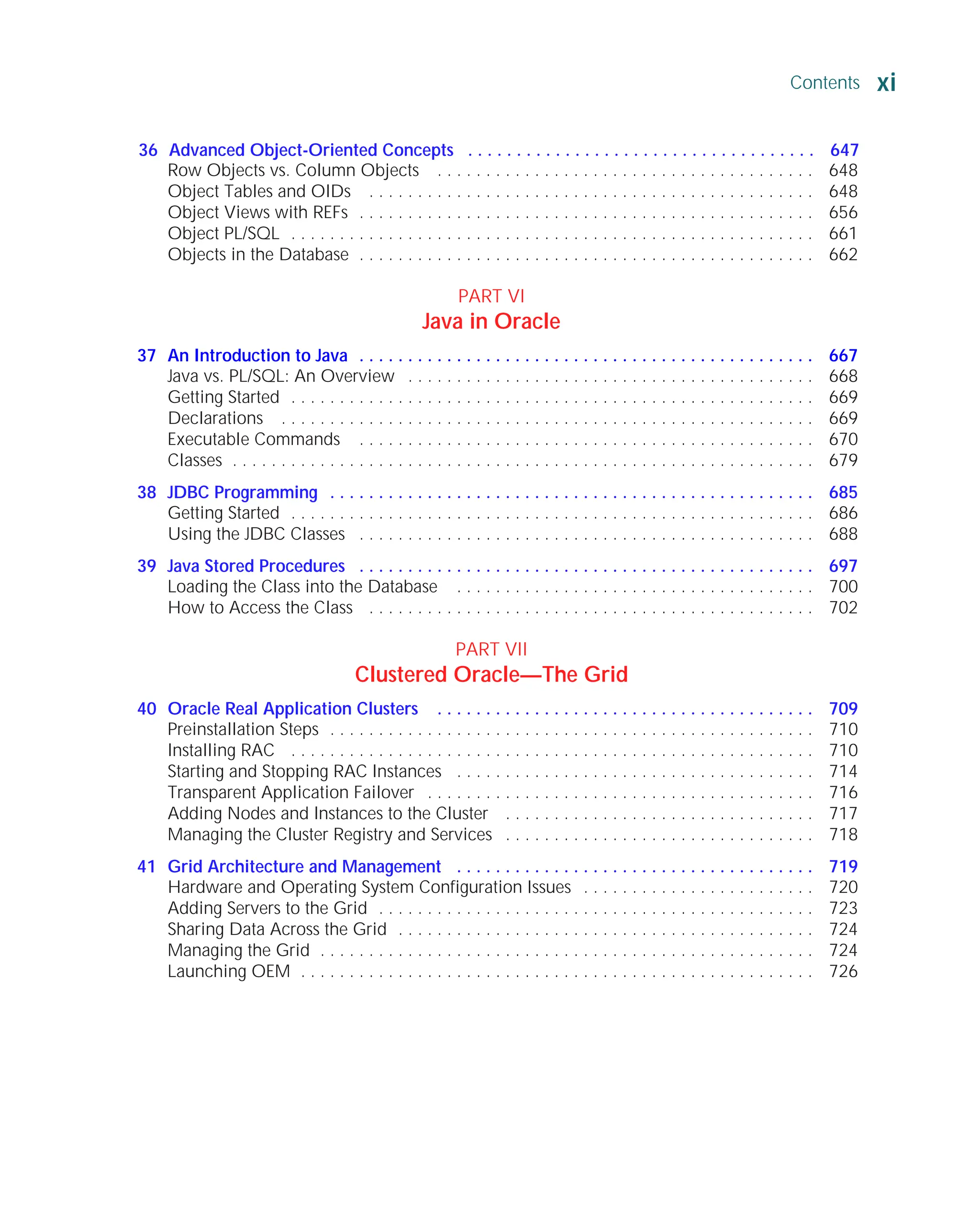 Contents xi
ORACLE Series TIGHT / Oracle Database 10g: TCR / Loney / 225351-7 / Front Matter
Blind Folio FM:xi
Row Objects vs. Column Objects . . . . . . . . . . . . . . . . . . . . . . . . . . . . . . . . . . . . . . . 648
Object Tables and OIDs . . . . . . . . . . . . . . . . . . . . . . . . . . . . . . . . . . . . . . . . . . . . . . 648
Object Views with REFs . . . . . . . . . . . . . . . . . . . . . . . . . . . . . . . . . . . . . . . . . . . . . . . 656
Object PL/SQL . . . . . . . . . . . . . . . . . . . . . . . . . . . . . . . . . . . . . . . . . . . . . . . . . . . . . . 661
Objects in the Database . . . . . . . . . . . . . . . . . . . . . . . . . . . . . . . . . . . . . . . . . . . . . . . 662
PART VI
Java in Oracle
37 An Introduction to Java . . . . . . . . . . . . . . . . . . . . . . . . . . . . . . . . . . . . . . . . . . . . . . . 667
Java vs. PL/SQL: An Overview . . . . . . . . . . . . . . . . . . . . . . . . . . . . . . . . . . . . . . . . . . 668
Getting Started . . . . . . . . . . . . . . . . . . . . . . . . . . . . . . . . . . . . . . . . . . . . . . . . . . . . . . 669
Declarations . . . . . . . . . . . . . . . . . . . . . . . . . . . . . . . . . . . . . . . . . . . . . . . . . . . . . . . 669
Executable Commands . . . . . . . . . . . . . . . . . . . . . . . . . . . . . . . . . . . . . . . . . . . . . . . 670
Classes . . . . . . . . . . . . . . . . . . . . . . . . . . . . . . . . . . . . . . . . . . . . . . . . . . . . . . . . . . . . 679
38 JDBC Programming . . . . . . . . . . . . . . . . . . . . . . . . . . . . . . . . . . . . . . . . . . . . . . . . . . 685
Getting Started . . . . . . . . . . . . . . . . . . . . . . . . . . . . . . . . . . . . . . . . . . . . . . . . . . . . . . 686
Using the JDBC Classes . . . . . . . . . . . . . . . . . . . . . . . . . . . . . . . . . . . . . . . . . . . . . . . 688
39 Java Stored Procedures . . . . . . . . . . . . . . . . . . . . . . . . . . . . . . . . . . . . . . . . . . . . . . . 697
Loading the Class into the Database . . . . . . . . . . . . . . . . . . . . . . . . . . . . . . . . . . . . . 700
How to Access the Class . . . . . . . . . . . . . . . . . . . . . . . . . . . . . . . . . . . . . . . . . . . . . . 702
PART VII
Clustered Oracle—The Grid
40 Oracle Real Application Clusters . . . . . . . . . . . . . . . . . . . . . . . . . . . . . . . . . . . . . . . 709
Preinstallation Steps . . . . . . . . . . . . . . . . . . . . . . . . . . . . . . . . . . . . . . . . . . . . . . . . . . 710
Installing RAC . . . . . . . . . . . . . . . . . . . . . . . . . . . . . . . . . . . . . . . . . . . . . . . . . . . . . . 710
Starting and Stopping RAC Instances . . . . . . . . . . . . . . . . . . . . . . . . . . . . . . . . . . . . . 714
Transparent Application Failover . . . . . . . . . . . . . . . . . . . . . . . . . . . . . . . . . . . . . . . . 716
Adding Nodes and Instances to the Cluster . . . . . . . . . . . . . . . . . . . . . . . . . . . . . . . . 717
Managing the Cluster Registry and Services . . . . . . . . . . . . . . . . . . . . . . . . . . . . . . . . 718
41 Grid Architecture and Management . . . . . . . . . . . . . . . . . . . . . . . . . . . . . . . . . . . . . 719
Hardware and Operating System Configuration Issues . . . . . . . . . . . . . . . . . . . . . . . . 720
Adding Servers to the Grid . . . . . . . . . . . . . . . . . . . . . . . . . . . . . . . . . . . . . . . . . . . . . 723
Sharing Data Across the Grid . . . . . . . . . . . . . . . . . . . . . . . . . . . . . . . . . . . . . . . . . . . 724
Managing the Grid . . . . . . . . . . . . . . . . . . . . . . . . . . . . . . . . . . . . . . . . . . . . . . . . . . . 724
Launching OEM . . . . . . . . . . . . . . . . . . . . . . . . . . . . . . . . . . . . . . . . . . . . . . . . . . . . . 726
P:010CompOracle8351-7CDVenturabook.vp
Friday, August 13, 2004 1:44:13 PM
Color profile: Generic CMYK printer profile
Composite Default screen
36 Advanced Object-Oriented Concepts . . . . . . . . . . . . . . . . . . . . . . . . . . . . . . . . . . . . 647
 