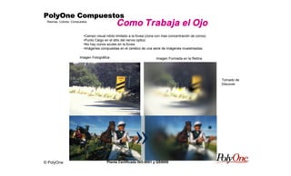 © PolyOne
Resinas, Colores, Compuestos
PolyOne CompuestosPolyOne CompuestosPolyOne CompuestosPolyOne Compuestos
Planta Certificada ISO-9001 y QS9000
Como Trabaja el Ojo
•Campo visual nitido limitado a la fovea (zona con mas concentración de conos)
•Punto Ciego en el sitio del nervio optico
•No hay conos azules en la fovea
•Imágenes compuestas en el cerebro de una serie de imágenes muestreadas.
Imagen Fotográfica Imagen Formada en la Retina
Tomado de
Discover
 
