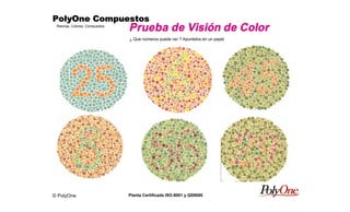 © PolyOne
Resinas, Colores, Compuestos
PolyOne CompuestosPolyOne CompuestosPolyOne CompuestosPolyOne Compuestos
Planta Certificada ISO-9001 y QS9000
Prueba de Visión de Color
¿ Que números puede ver ? Apuntelos en un papel
 