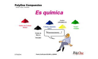 © PolyOne
Resinas, Colores, Compuestos
PolyOne CompuestosPolyOne CompuestosPolyOne CompuestosPolyOne Compuestos
Planta Certificada ISO-9001 y QS9000
Es química
Sulfato de Cadmio
ROJO
Oxido de
Hierro
NEGRO
Cobalto-Aluminio
AZUL
Azoico
AMARILLO
“Ftalo”
VERDE
Noooooooo...!
 
