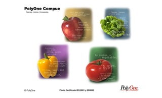 © PolyOne
Resinas, Colores, Compuestos
PolyOne CompuestosPolyOne CompuestosPolyOne CompuestosPolyOne Compuestos
Planta Certificada ISO-9001 y QS9000
 