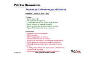 © PolyOne
Resinas, Colores, Compuestos
PolyOne CompuestosPolyOne CompuestosPolyOne CompuestosPolyOne Compuestos
Planta Certificada ISO-9001 y QS9000
Formas de Colorantes para Plásticos
Pigmento Liquido: (Liquid Color)
Ventajas:
+ Buena dispersión.
+ Alto contenido de pigmento.
+ Dosificación sencilla con equipo especializado.
+ Menor volumen de material empleado.
+ Bueno para corridas largas con pocos cambios.
+ Alguna flexibilidad en la resina a colorear.
Desventajas:
- Requiere equipo especializado.
- Difícil mezclado.
- Difícil incorporación de aditivos.
- Difícil limpieza en caso de mermas.
- Aplicaciones limitadas por problemas e compatibilidad.
- Puede presentar problemas de volátiles excesivos.
- Alteración de propiedades de la resina con la que se
mezcla.
- El color puede cambiar con la viscosidad ( temperatura).
- Problemas de migración.
- Tiempo de anaquel limitado produce variaciones.
 