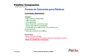© PolyOne
Resinas, Colores, Compuestos
PolyOne CompuestosPolyOne CompuestosPolyOne CompuestosPolyOne Compuestos
Planta Certificada ISO-9001 y QS9000
Formas de Colorantes para Plásticos
Concentrado: (Masterbatch)
Ventajas:
+ Fácil manejo y dosificación.
+ Fácil mezclado.
+ Homogeneidad.
+ Buen desarrollo y control de color.
+ Buena retención de propiedades.
+ Flexibilidad en tamaño de lote. Sin problemas de
almacenamiento.
+ Mas bajo contenido de volátiles.
Desventajas:
- Mayor volumen utilizado.
- Un compuesto especifico puede usarse en solo algunas resinas.
- Debe ser dosificado o mezclado.
 