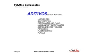 © PolyOne
Resinas, Colores, Compuestos
PolyOne CompuestosPolyOne CompuestosPolyOne CompuestosPolyOne Compuestos
Planta Certificada ISO-9001 y QS9000
ADITIVOS(OTROS ADITIVOS)
•LUBRICANTES
•DISPERSANTES
•RETARDANTES A LA FLAMA
•NUCLEANTES Y CLARIFICANTES
•ESTABILIZADORES TERMICOS
•PEROXIDOS
•PLASTIFICANTES
•PURGAS
 