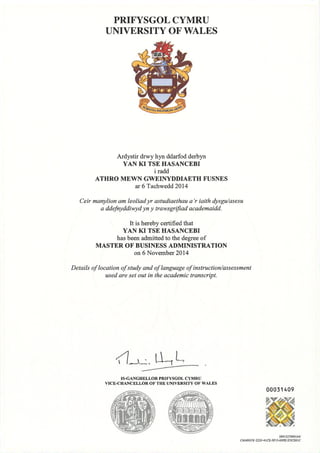 University of Wales certificate
