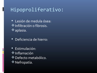 Hipoproliferativo:
 Lesión de medula ósea:
 Infiltración o fibrosis.
 aplasia.

 Deficiencia de hierro:

 Estimulación:
 Inflamación
 Defecto metabólico.
 Nefropatía.
 