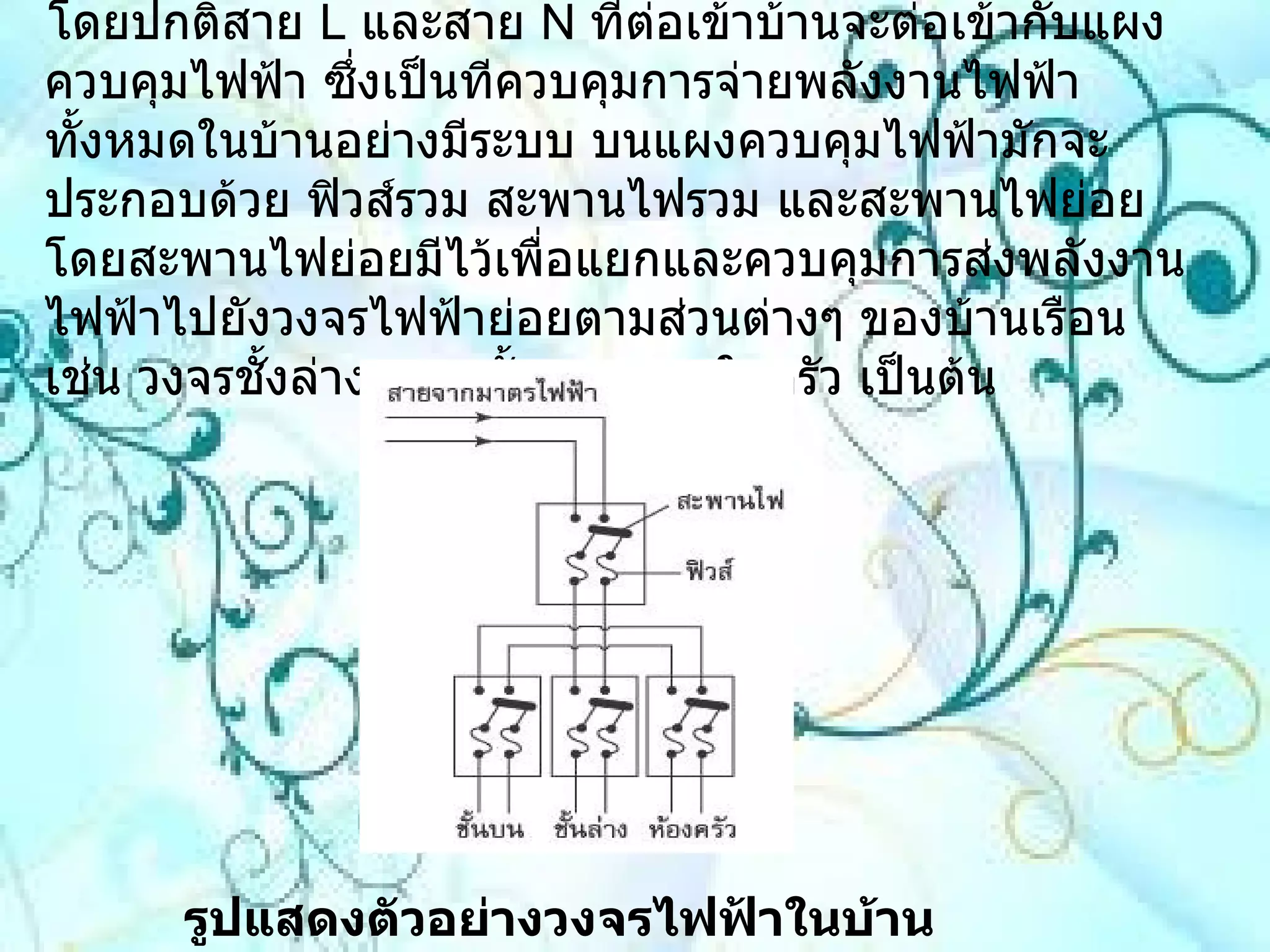 โดยปกติสาย  L  และสาย  N  ที่ต่อเข้าบ้านจะต่อเข้ากับแผงควบคุมไฟฟ้า ซึ่งเป็นทีควบคุมการจ่ายพลังงานไฟฟ้าทั้งหมดในบ้านอย่างมีระบบ บนแผงควบคุมไฟฟ้ามักจะประกอบด้วย ฟิวส์รวม สะพานไฟรวม และสะพานไฟย่อย โดยสะพานไฟย่อยมีไว้เพื่อแยกและควบคุมการส่งพลังงานไฟฟ้าไปยังวงจรไฟฟ้าย่อยตามส่วนต่างๆ ของบ้านเรือน เช่น วงจรชั้งล่าง วงจรชั้นบน วงจรในครัว เป็นต้น  รูปแสดงตัวอย่างวงจรไฟฟ้าในบ้าน   