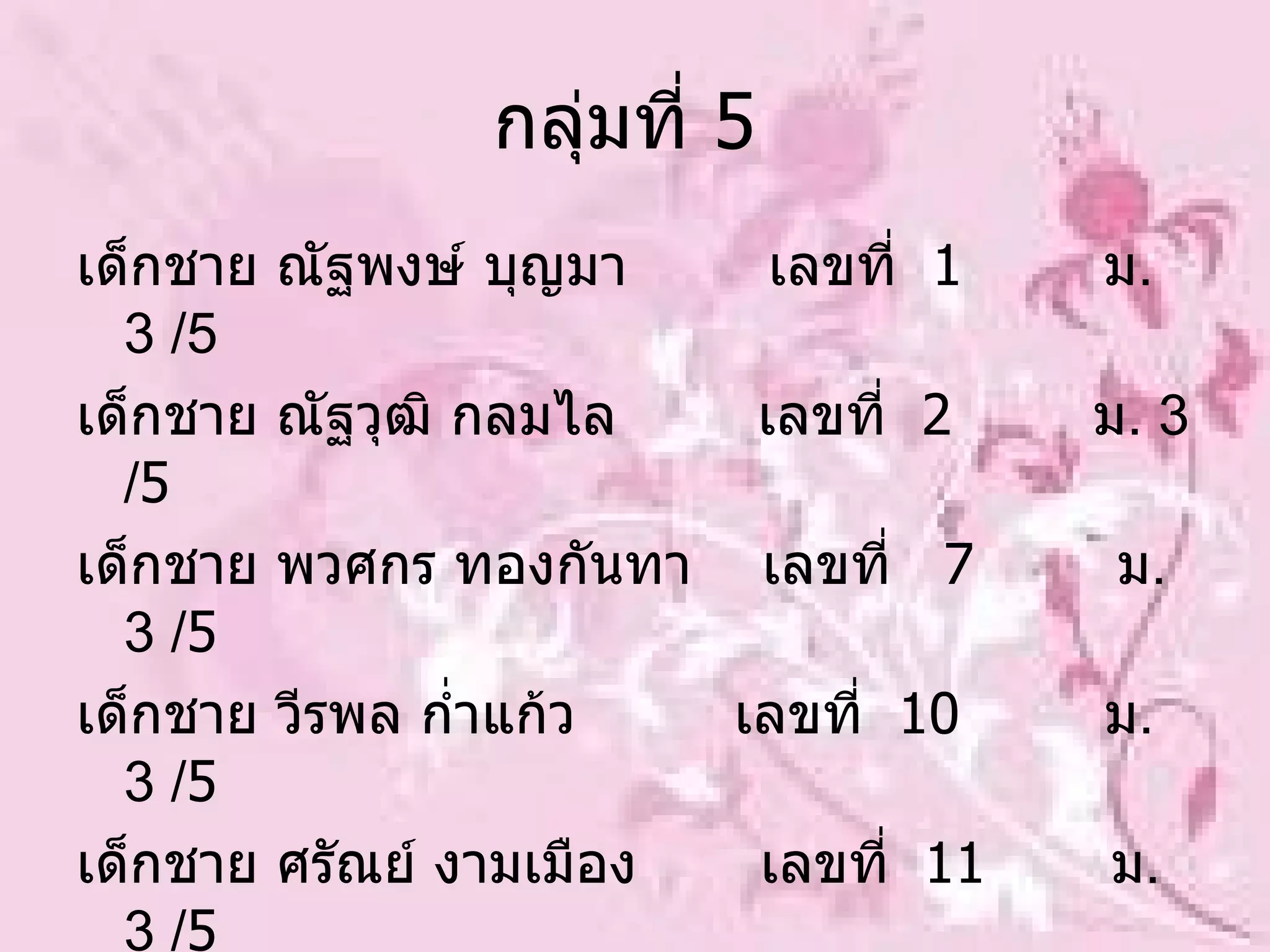 กลุ่มที่   5   เด็กชาย ณัฐพงษ์ บุญมา  เลขที่  1   ม .  3  / 5  เด็กชาย ณัฐวุฒิ กลมไล  เลขที่  2   ม .  3  / 5   เด็กชาย พวศกร ทองกันทา  เลขที่  7   ม .  3  / 5   เด็กชาย วีรพล ก่ำแก้ว  เลขที่  10   ม .  3  / 5   เด็กชาย ศรัณย์ งามเมือง  เลขที่  11   ม .  3  / 5   เด็กชาย อภิชาต วิทูล  เลขที่  18   ม .  3  / 5   