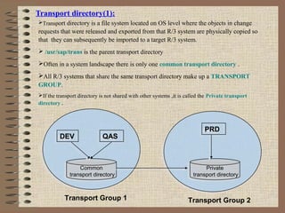 Transport directory(1):
Transport directory is a file system located on OS level where the objects in change
requests that were released and exported from that R/3 system are physically copied so
that they can subsequently be imported to a target R/3 system.
 /usr/sap/trans is the parent transport directory
Often in a system landscape there is only one common transport directory .
All R/3 systems that share the same transport directory make up a TRANSPORT
GROUP.
If the transport directory is not shared with other systems ,it is called the Private transport
directory .
DEVDEV QASQAS
Common
transport directory
Common
transport directory
Private
transport directory
Private
transport directory
PRDPRD
Transport Group 1 Transport Group 2
 