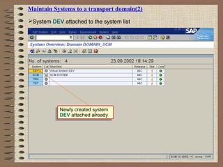 Maintain Systems to a transport domain(2)
System DEV attached to the system list
Newly created system
DEV attached already
Newly created system
DEV attached already
 