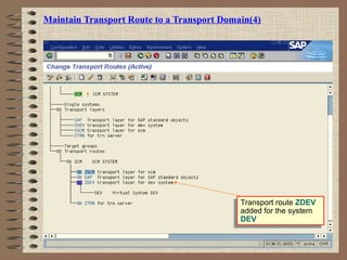 Maintain Transport Route to a Transport Domain(4)
Transport route ZDEV
added for the system
DEV
Transport route ZDEV
added for the system
DEV
 