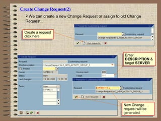 Create Change Request(2)
We can create a new Change Request or assign to old Change
Request .
Create a request
click here.
Create a request
click here.
Enter
DESCRIPTION &
target SERVER
Enter
DESCRIPTION &
target SERVER
New Change
request will be
generated
New Change
request will be
generated
 