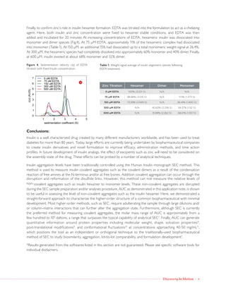Discovery In Motion | 4
Finally, to confirm zinc’s role in insulin hexamer formation, EDTA was titrated into the formulation to act as a chelating
agent. Here, both insulin and zinc concentration were fixed to hexamer stable conditions, and EDTA was then
added and incubated for 20 minutes At increasing concentrations of EDTA, hexameric insulin was dissociated into
monomer and dimer species (Fig.4). At 75 μM EDTA, approximately 11% of the hexameric complex had dissociated
into monomer (Table 1). At 150 μM, an additional 15% had dissociated up to a total monomeric weight signal at 26.4%.
At 300 μM, the hexameric species had completely dissolved into approximately 60% monomer and 40% dimer. Finally,
at 600 μM, insulin existed at about 68% monomer and 32% dimer.
Zinc Titration Hexamer Dimer Monomer
0 μM EDTA 100% (3.201 S) N/A N/A
75 μM EDTA 88.88% (3.015 S) N/A 11.11% (1.373 S)
150 μM EDTA 73.59% (2.949 S) N/A 26.41% (1.400 S)
300 μM EDTA N/A 40.63% (2.258 S) 59.37% (1.52 S)
600 μM EDTA N/A 31.99% (2.262 S) 68.01% (1.551 S)
Conclusions:
Insulin is a well characterized drug created by many different manufacturers worldwide, and has been used to treat
diabetes for more than 80 years. Today, large efforts are currently being undertaken by biopharmaceutical companies
to create insulin derivatives and novel formulation to improve efficacy, administration methods, and time action
profiles. In future development of insulin analogs, the effect of excipients such as zinc will need to be considered on
the assembly state of the drug. These effects can be probed by a number of analytical techniques.
Insulin aggregation levels have been traditionally controlled using the Human Insulin monograph SEC method. This
method is used to measure insulin covalent aggregates such as the covalent dimers as a result of the condensation
reaction of free amines at the N-terminus and/or at free lysines. Addition covalent aggregation can occur through the
disruption and reformation of the disulfide links. However, this method can not measure the relative levels of
non-covalent aggregates such as insulin hexamer to monomer levels. These non-covalent aggregates are disrupted
during the SEC sample preparation and/or analyses procedure. AUC as demonstrated in this application note, is shown
to be useful in assessing the level of non-covalent aggregates such as the insulin hexamer. Here, we demonstrated a
straight-forward approach to characterize the higher-order structure of a common biopharmaceutical with minimal
development. Most higher-order methods, such as SEC, require adulterating the sample through large dilutions and/
or column-matrix interactions that can further alter the aggregation state. Furthermore, although SEC is currently
the preferred method for measuring covalent aggregates, the molar mass range of AUC is approximately from a
few hundred to 109
daltons, a range that surpasses the typical capability of analytical SEC7
. Finally, AUC can generate
quantitative information around protein properties including molecular weight, shape, solvation properties8
,
post-translational modifications9
, and conformational fluctuations10
at concentrations approaching 40-50 mg/mL11
,
which positions the tool as an independent or orthogonal technique to the traditionally-used biopharmaceutical
method of SEC to study biosimilarity, aggregation, lot-to-lot comparability, and formulation development7
.
†Results generated from the softwares listed in this section are not guaranteed. Please see specific software tools for
individual disclaimers.
Table 1. Weight signal average of insulin oligomeric species following
EDTA treatment.
Figure 4. Sedimentation velocity c(s) of EDTA
titration with fixed Insulin concentration.
4
 