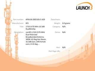 Part number: APXV18-206516S-C-A20 Datasheets:
Manufacturer: RFS Weight: 0.0 grams
Title: 1710-2170 MHz 16.3dB
Dual&hellip;
Category: N/A
Description: <p>RFS 1710-2170 MHz
Dual Polarized
Broadbanded Antenna.
300W. 65 Deg Hori Beam,
16.3dB Gain, DIN Female
conn, 0-10 deg ...
Genre: N/A
Heci: N/A
Part Page URL:
 