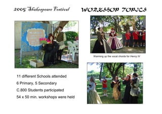 2005 Shakespeare Festival WORKSHOP TOPICS
Warming up the vocal chords for Henry IV
11 different Schools attended
6 Primary, 5 Secondary
C.800 Students participated
54 x 50 min. workshops were held
 