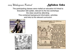 2005 Shakespeare Festival Syllabus links
The participating classes were mailed an education kit linked to
Education Qld syllabi, relevant to the two workshops
the class would be attending.
This contained background information, activities
and links to the relevant curriculum
 