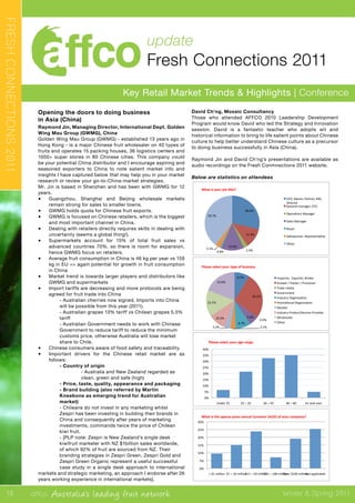 affco Australia’s leading fruit network Winter & Spring 2011
update
Fresh Connections 2011
Key Retail Market Trends & Highlights | Conference
FRESHCONNECTIONS2011
Opening the doors to doing business
in Asia (China)
Raymond Jin, Managing Director, International Dept. Golden
Wing Mau Group (GWMG), China
Golden Wing Mau Group (GWMG) - established 13 years ago in
Hong Kong - is a major Chinese fruit wholesaler on 40 types of
fruits and operates 15 packing houses, 36 logistics centers and
1000+ super stores in 80 Chinese cities. This company could
be your potential China distributor and I encourage aspiring and
seasoned exporters to China to note salient market info and
insights I have captured below that may help you in your market
research or review your go-to-China-market strategies.
Mr. Jin is based in Shenzhen and has been with GWMG for 12
years.
•	 Guangzhou, Shanghai and Beijing wholesale markets
remain strong for sales to smaller towns.
•	 GWMG holds quota for Chinese fruit exports.
•	 GWMG is focused on Chinese retailers, which is the biggest
and most important channel in China.
•	 Dealing with retailers directly requires skills in dealing with
uncertainty (seems a global thing!).
•	 Supermarkets account for 15% of total fruit sales vs
advanced countries 70%, so there is room for expansion,
hence GWMG focus on retailers.
•	 Average fruit consumption in China is 46 kg per year vs 159
kg in EU => again potential for growth in fruit consumption
in China
•	 Market trend is towards larger players and distributors like
GWMG and supermarkets
•	 Import tariffs are decreasing and more protocols are being
agreed for fruit trade into China
	 - Australian cherries now signed. Imports into China 	
	 will be possible from this year (2011).
	 - Australian grapes 13% tariff vs Chilean grapes 5.5% 	
	tariff
	 - Australian Government needs to work with Chinese 	
	 Government to reduce tariff to reduce the minimum 	
	 customs price, otherwise Australia will lose market 	
	 share to Chile.
•	 Chinese consumers aware of food safety and traceability.
•	 Important drivers for the Chinese retail market are as
follows:
	 - Country of origin
		 - Australia and New Zealand regarded as 	
		 clean, green and safe (high)
	 - Price, taste, quality, appearance and packaging
	 - Brand building (also referred by Martin 		
	 Kneebone as emerging trend for Australian 	
	market)
	 - Chileans do not invest in any marketing whilst 	
	 Zespri has been investing in building their brands in 	
	 China and consequently after years of marketing 	
	 investments, commands twice the price of Chilean 	
	 kiwi fruit.
	 - [PLP note: Zespri is New Zealand’s single desk 	
	 kiwifruit marketer with NZ $1billion sales worldwide, 	
	 of which 92% of fruit are sourced from NZ. Their 	
	 branding strategies in Zespri Green, Zespri Gold and 	
	 Zespri Green Organic represent a useful successful 	
	 case study in a single desk approach to international
markets and strategic marketing, an approach I endorse after 26
years working experience in international markets].
David Ch’ng, Mosaic Consultancy
Those who attended AFFCO 2010 Leadership Development
Program would know David who led the Strategy and Innovation
session. David is a fantastic teacher who adopts wit and
historical information to bring to life salient points about Chinese
culture to help better understand Chinese culture as a precursor
to doing business successfully in Asia (China).
Raymond Jin and David Ch’ng’s presentations are available as
audio recordings on the Fresh Conmnections 2011 website.
Below are statistics on attendees
18
28.6%	
  
11.9%	
  
2.4%	
  
13.5%	
  
0.8%	
  
3.1%	
  
39.7%	
  
CEO,	
  Owner,	
  Partner,	
  MD,	
  
Director	
  
General	
  manager,	
  CFO	
  
OperaDons	
  Manager	
  
Sales	
  Manager	
  
Buyer	
  
Salesperson,	
  RepresentaDve	
  
Other	
  
What	
  is	
  your	
  job	
  .tle?	
  
8.7%	
  
26.2%	
  
0.0%	
  
5.6%	
  
8.7%	
  
3.1%	
  3.2%	
  
10.3%	
  
15.1%	
  
19.0%	
  
Importer,	
  	
  Exporter,	
  Broker	
  
Grower	
  /	
  Packer	
  /	
  Processor	
  
Trade	
  media	
  
Government	
  
Industry	
  OrganisaIon	
  
PromoIonal	
  OrganisaIon	
  
Retailer	
  
Industry	
  Product/Service	
  Provider	
  
Wholesaler	
  
Other	
  
Please	
  select	
  your	
  type	
  of	
  business	
  
0%	
  
5%	
  
10%	
  
15%	
  
20%	
  
25%	
  
30%	
  
<	
  $1	
  million	
   $1	
  –	
  10	
  million	
  $11	
  –	
  50	
  million	
  $51	
  –	
  100	
  million	
  Over	
  $100	
  million	
  Not	
  applicable	
  
	
  	
  	
  What	
  is	
  the	
  approx	
  gross	
  annual	
  turnover	
  (AUD)	
  of	
  your	
  company?	
  
0%	
  
5%	
  
10%	
  
15%	
  
20%	
  
25%	
  
30%	
  
35%	
  
40%	
  
Under	
  25	
   25	
  –	
  35	
   36	
  –	
  45	
   46	
  –	
  60	
   61	
  and	
  over	
  
Please	
  select	
  your	
  age	
  range	
  
 