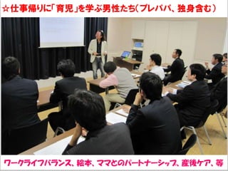 ☆仕事帰りに「育児」を学ぶ男性たち（プレパパ、独身含む）
Solare




ワークライフバランス、絵本、ママとのパートナーシップ、産後ケア、等
 