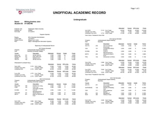 UNOFFICIAL ACADEMIC RECORD
Page 1 of 3
Undergraduate
Name: Willing,Andrew John
Student ID: 011262798
Institution Info: Washington State University
Institution ID: 003800
Print Date: 01/12/2016
Degrees Awarded
Degree: BA in Business Administration
Confer Date: 12/19/2015
Degree Honors: Magna Cum Laude
Plan: Major in Management Information Systems
Beginning of Undergraduate Record
2012 Spring Semester
Program: Undergraduate Degree-Seeking
Plan: Deciding (University College)
Course Description Attempted Earned Grade Points
ENGLISH 101 INTRO WRTG 3.000 3.000 B+ 9.900
ENVR_SCI 101 ENV HUM LIFE 4.000 4.000 A 16.000
GENED 110 WORLD CIV I 3.000 3.000 A- 11.100
PSYCH 105 INTRO PSYCH 3.000 3.000 A 12.000
PRESIDENT'S HONOR ROLL
Attempted Earned GPA Units Points
Term GPA 3.770 Term Totals 13.000 13.000 13.000 49.000
Transfer Term GPA Transfer Totals 3.330 3.330 0.000 0.000
Combined GPA 3.770 Comb Totals 16.330 16.330 13.000 49.000
Attempted Earned GPA Units Points
Cum GPA 3.770 Cum Totals 13.000 13.000 13.000 49.000
Transfer Cum GPA Transfer Totals 3.330 3.330 0.000 0.000
Combined Cum GPA 3.770 Comb Totals 16.330 16.330 13.000 49.000
2012 Fall Semester
Program: Undergraduate Degree-Seeking
Plan: Deciding (University College)
Course Description Attempted Earned Grade Points
BIOLOGY 140 Nutrition for Living 3.000 3.000 A 12.000
COM 102 Com in an
Information Society
3.000 3.000 A 12.000
ECONS 101 Fund of
Microeconomics
3.000 3.000 A 12.000
HISTORY 121 World History II 3.000 3.000 B 9.000
MATH 201 Math for Business &
Econ
3.000 3.000 B+ 9.900
Attempted Earned GPA Units Points
Term GPA 3.660 Term Totals 15.000 15.000 15.000 54.900
Transfer Term GPA Transfer Totals 0.000 0.000 0.000 0.000
Combined GPA 3.660 Comb Totals 15.000 15.000 15.000 54.900
Attempted Earned GPA Units Points
Cum GPA 3.710 Cum Totals 28.000 28.000 28.000 103.900
Transfer Cum GPA Transfer Totals 3.330 3.330 0.000 0.000
Combined Cum GPA 3.710 Comb Totals 31.330 31.330 28.000 103.900
Term Honor: President's Honor Roll
2013 Spring Semester
Program: Undergraduate Degree-Seeking
Plan: Business
Course Description Attempted Earned Grade Points
ACCTG 230 Intro to Financial
Accounting
3.000 3.000 B- 8.100
CES 101 Comparative Ethnic
Studies
3.000 3.000 A 12.000
ECONS 102 Fund of
Macroeconomics
3.000 3.000 A- 11.100
MATH 202 Calculus for Bus &
Econ
3.000 3.000 B+ 9.900
PHIL 103 Introduction to Ethics 3.000 3.000 A- 11.100
Attempted Earned GPA Units Points
Term GPA 3.480 Term Totals 15.000 15.000 15.000 52.200
Transfer Term GPA Transfer Totals 0.000 0.000 0.000 0.000
Combined GPA 3.480 Comb Totals 15.000 15.000 15.000 52.200
Attempted Earned GPA Units Points
Cum GPA 3.630 Cum Totals 43.000 43.000 43.000 156.100
Transfer Cum GPA Transfer Totals 3.330 3.330 0.000 0.000
Combined Cum GPA 3.630 Comb Totals 46.330 46.330 43.000 156.100
Term Honor: President's Honor Roll
2013 Fall Semester
Program: Undergraduate Degree-Seeking
Plan: Business
Course Description Attempted Earned Grade Points
ACCTG 231 Intro to Managerial
Accounting
3.000 3.000 A 12.000
ASTRONOM 138 Planets & Planetary
Syst
3.000 3.000 A 12.000
CES 171 Intro Indigenous
Studies
3.000 3.000 A 12.000
MIS 250 Managing IT 3.000 3.000 A 12.000
MUS 362 History of Jazz 3.000 3.000 A 12.000
Attempted Earned GPA Units Points
Term GPA 4.000 Term Totals 15.000 15.000 15.000 60.000
Transfer Term GPA Transfer Totals 0.000 0.000 0.000 0.000
Combined GPA 4.000 Comb Totals 15.000 15.000 15.000 60.000
 