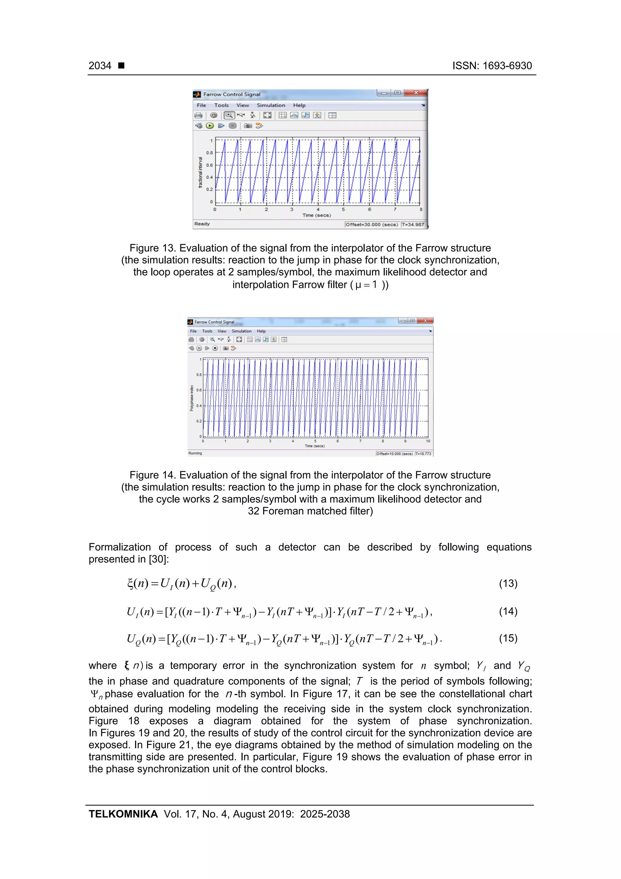 ◼ ISSN: 1693-6930
TELKOMNIKA Vol. 17, No. 4, August 2019: 2025-2038
2034
Figure 13. Evaluation of the signal from the interpolator of the Farrow structure
(the simulation results: reaction to the jump in phase for the clock synchronization,
the loop operates at 2 samples/symbol, the maximum likelihood detector and
interpolation Farrow filter ( 1μ = ))
Figure 14. Evaluation of the signal from the interpolator of the Farrow structure
(the simulation results: reaction to the jump in phase for the clock synchronization,
the cycle works 2 samples/symbol with a maximum likelihood detector and
32 Foreman matched filter)
Formalization of process of such a detector can be described by following equations
presented in [30]:
)()()(ξ nUnUn QI += , (13)
)2/()]())1(([)( 111 −−− +−+−+−= nInInII TnTYnTYTnYnU , (14)
)2/()]())1(([)( 111 −−− +−+−+−= nQnQnQQ TnTYnTYTnYnU . (15)
where )(ξ n is a temporary error in the synchronization system for n symbol; IY and QY
the in phase and quadrature components of the signal; T is the period of symbols following;
n phase evaluation for the n -th symbol. In Figure 17, it can be see the constellational chart
obtained during modeling modeling the receiving side in the system clock synchronization.
Figure 18 exposes a diagram obtained for the system of phase synchronization.
In Figures 19 and 20, the results of study of the control circuit for the synchronization device are
exposed. In Figure 21, the eye diagrams obtained by the method of simulation modeling on the
transmitting side are presented. In particular, Figure 19 shows the evaluation of phase error in
the phase synchronization unit of the control blocks.
 