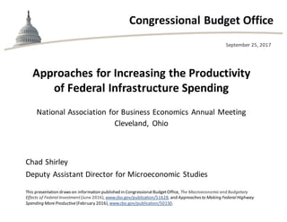 Congressional	Budget	Office
Approaches	for	Increasing	the	Productivity	
of	Federal	Infrastructure	Spending
National	Association	for	Business	Economics	Annual	Meeting
Cleveland,	 Ohio
September	25,	2017
Chad	Shirley
Deputy	Assistant	Director	for	Microeconomic	Studies
This	presentation	draws	on	information	published	in	Congressional	Budget	Office,	The	Macroeconomic	and	Budgetary	
Effects	of	Federal	Investment(June	2016),	www.cbo.gov/publication/51628,	and	Approaches	to	Making	Federal	Highway	
Spending	More	Productive(February	2016),	www.cbo.gov/publication/50150.			
 