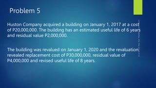 Problem 5
Huston Company acquired a building on January 1, 2017 at a cost
of P20,000,000. The building has an estimated useful life of 6 years
and residual value P2,000,000.
The building was revalued on January 1, 2020 and the revaluation
revealed replacement cost of P30,000,000, residual value of
P4,000,000 and revised useful life of 8 years.
 