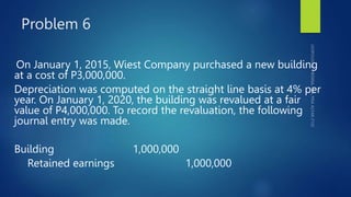 Problem 6
On January 1, 2015, Wiest Company purchased a new building
at a cost of P3,000,000.
Depreciation was computed on the straight line basis at 4% per
year. On January 1, 2020, the building was revalued at a fair
value of P4,000,000. To record the revaluation, the following
journal entry was made.
Building 1,000,000
Retained earnings 1,000,000
 