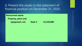 d. Present the assets in the statement of
financial position on December 31, 2020.
Noncurrent assets
Property, plant and
equipment, net Note # 53,320,000
 
