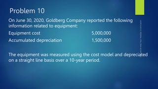 Problem 10
On June 30, 2020, Goldberg Company reported the following
information related to equipment:
Equipment cost 5,000,000
Accumulated depreciation 1,500,000
The equipment was measured using the cost model and depreciated
on a straight line basis over a 10-year period.
 